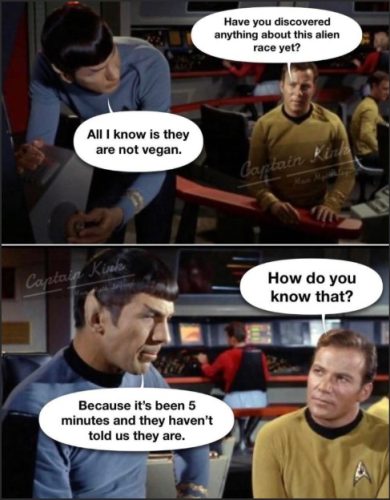 A humorous scene from a sci-fi series depicting two characters, one Vulcan and one human, discussing an alien race, with speech bubbles expressing their thoughts about the aliens' dietary habits.