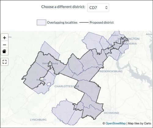 Map showing the proposed district CD7 with overlapping localities highlighted in purple.