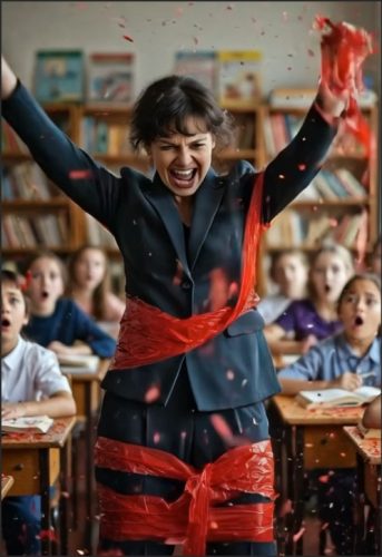 A joyful teacher in a suit stands in a classroom, celebrating while covered in red streamers, as surprised students watch in amazement.