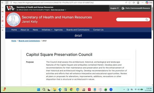 Screenshot of the Virginia Secretary of Health and Human Resources webpage displaying information about the Capitol Square Preservation Council and its purpose.