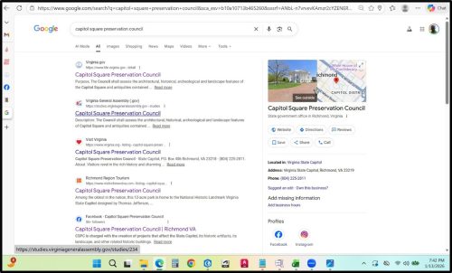 Screenshot of a Google search results page for 'Capitol Square Preservation Council' showing links and information about the organization in Richmond, Virginia.