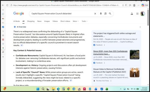 Screenshot of a Google search results page featuring information about the disbandment of the Capitol Square Preservation Council, including an overview and key context regarding Confederate monuments.