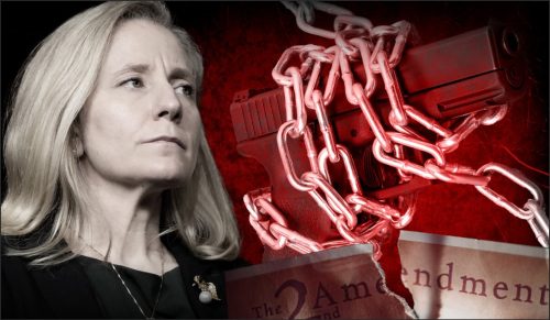 A serious woman with long hair stands beside a chained handgun and a partially visible document referencing the Second Amendment, with a dark red background.