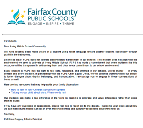 Letter from Fairfax County Public Schools addressing a racist language incident at Irving Middle School, encouraging community discussions on respect and diversity.