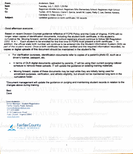 An official communication from Dave Anderson, dated July 1, 2025, regarding guidance on identification documents for Fairfax County Public Schools, emphasizing the retention policy and the use of existing digital documents for student registration.