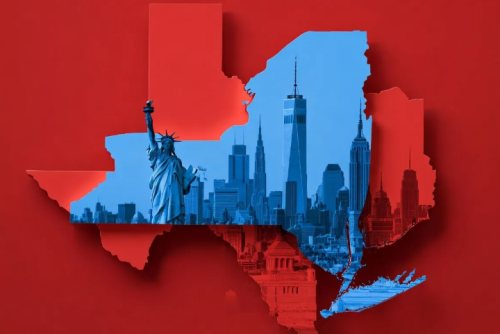 A stylized graphic of the state of Texas in blue, overlaid with an outline of iconic New York City landmarks, including the Statue of Liberty and skyscrapers, set against a red background.