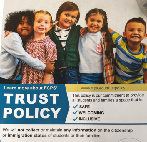 Four diverse children smiling together in an inclusive and welcoming environment, with text promoting the FCPS Trust Policy emphasizing safety and inclusivity.