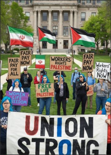 A group of protesters holding signs and flags advocating for workers' rights and Palestinian freedom, gathered in front of a building.