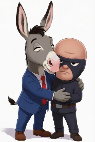 A cartoon donkey in a suit hugging a grumpy-looking character in a black outfit and mask.