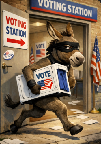 A cartoon donkey wearing a mask runs out of a voting station while carrying a ballot box labeled 'VOTE'. The scene features American flags and scattered papers on the ground.