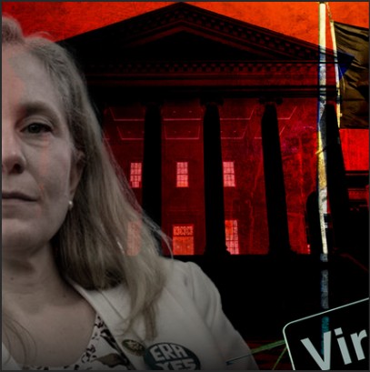 A close-up of a woman with long hair wearing a badge, set against a stylized background of a historic building with a vibrant red overlay and a Virginia flag visible in the corner.