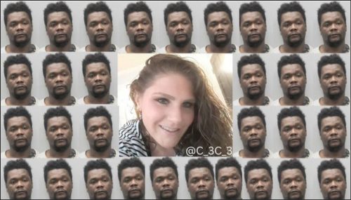 A collage featuring multiple mugshots of a man arranged in a grid, with a clear photo of a woman in the center.