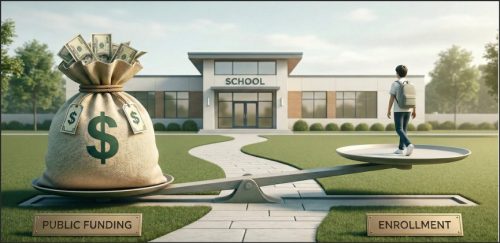 A visual representation of a balance scale, with a bag of money labeled 'Public Funding' on one side and a student walking towards a school labeled 'Enrollment' on the other side, symbolizing the relationship between school funding and student enrollment.