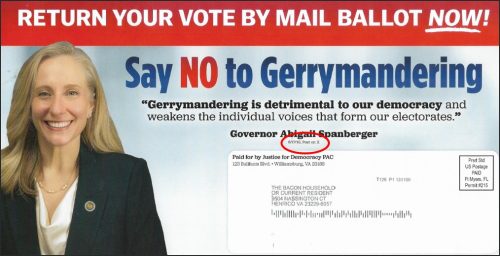 Campaign postcard urging voters to return their mail ballots, featuring a message against gerrymandering and a photo of a woman in professional attire.