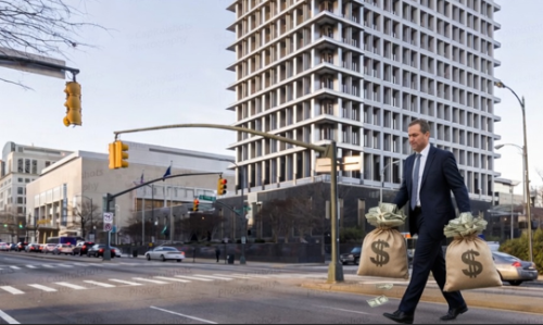 A businessman in a suit walking across a street carrying large bags of money, with a modern building in the background.