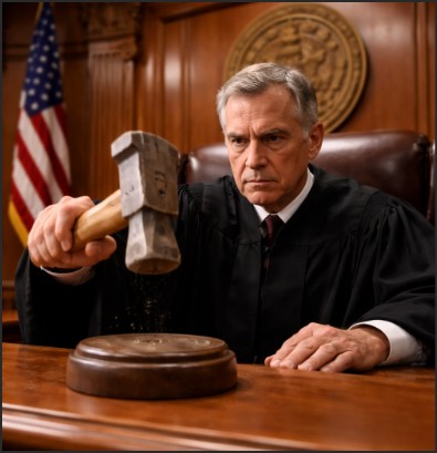 A judge in a courtroom strikes a gavel on a sound block, conveying authority and decision-making.