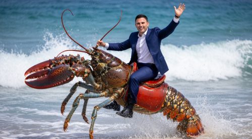 A man in a suit riding a large lobster on the beach, waving to the camera as waves crash in the background.