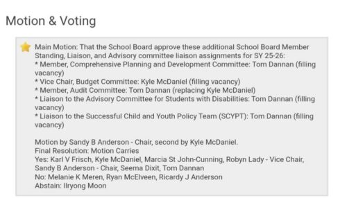 Summary of a school board motion regarding additional member assignments for various committees for the school year 2025-2026.