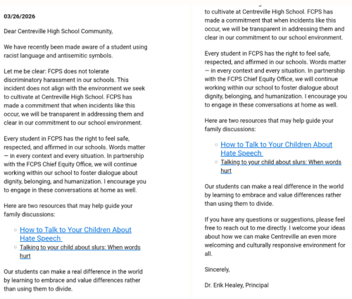 A letter dated March 26, 2026, addressed to the Centreville High School community from Principal Dr. Erik Healy, discussing a recent incident of racial language and antisemitic symbols and emphasizing the school's commitment to inclusivity and respect.