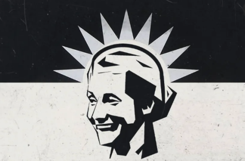 Graphic design featuring a stylized face with a sunburst behind it, set against a black and white background.