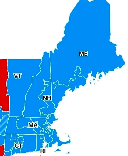 Map of New England states showing Maine, New Hampshire, Vermont, Massachusetts, Connecticut, Rhode Island in blue and visible divisions with red states to the left.