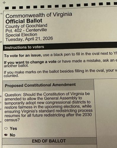 Official ballot for the County of Goochland, Virginia, for the special election on April 21, 2026, including instructions to voters and a proposed constitutional amendment question.