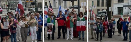 A diverse group of people participating in a protest, holding various national flags and signs. They stand together in a city street, showing solidarity and engagement in a social cause.