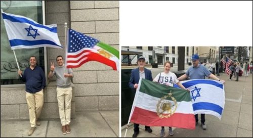 Two groups of people holding flags: on the left, individuals displaying the Israeli and American flags; on the right, a group with the Israeli, American, and Mexican flags.