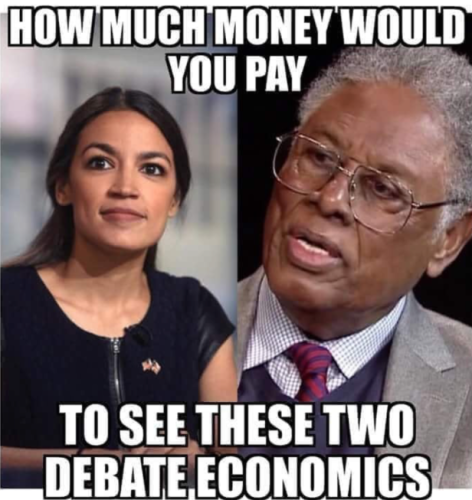 Split image featuring two individuals discussing economics, with the text asking how much money one would pay to see them debate.