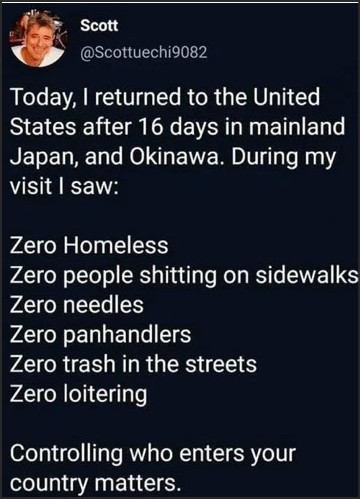 A tweet expressing observations about cleanliness and social issues in Japan compared to the United States, highlighting zero homelessness, litter, and loitering.