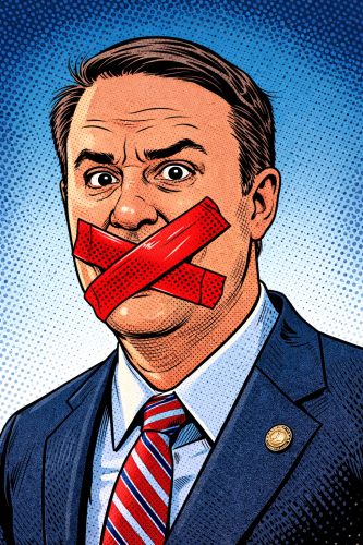 A stylized illustration of a man in a suit with a shocked expression, his mouth covered with red tape, symbolizing silencing or censorship.