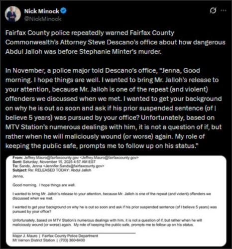 A Twitter post discussing warnings from Fairfax County police about the danger posed by Abdul Jalloh before the murder of Stephanie Minter. It includes a message from a police major to Commonwealth&rsquo;s Attorney Steve Descano regarding Jalloh's repeated offenses and public safety concerns.