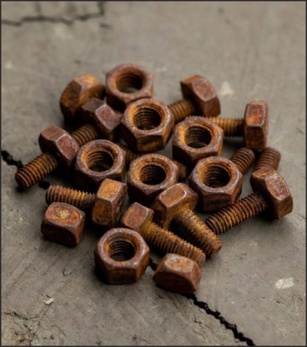 A pile of rusty nuts and bolts on a wooden surface.