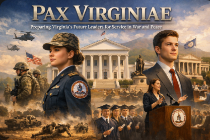 A promotional image for Pax Virginiae, showcasing preparing Virginia's future leaders for military and civic service. The image includes a backdrop of the Virginia state capitol, military personnel, and a graduation ceremony featuring a diverse group of cadets in formal attire.