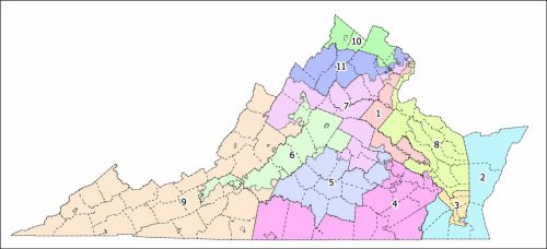 Map of Virginia showing its electoral districts numbered from 1 to 11 in different colors.