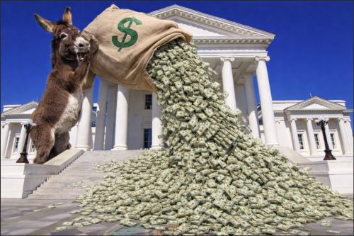 A donkey standing next to a large sack spilling out stacks of money in front of a grand building.