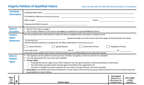 Virginia Petition of Qualified Voters form, including sections for candidate information, note to circulator, petition signer statement, and office to be filled. Contains instructions for completion and signatures required for candidate nomination.