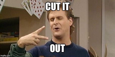 A man making a peace sign gesture while saying 'CUT IT OUT' on a television show.