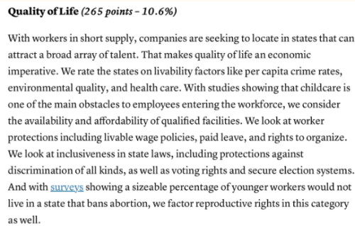 Text discussing the importance of quality of life in attracting talent, focusing on livability factors such as crime rates, environmental quality, healthcare, and worker protections.