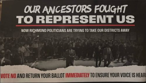 A political advertisement emphasizing the importance of voting and representation, featuring a crowd of people with a bold statement about ancestors fighting for representation and current political issues.