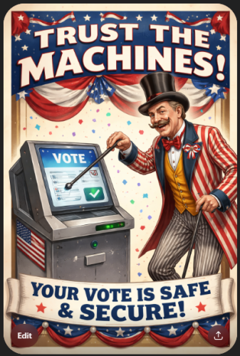 A vintage-style poster featuring a man in a top hat and striped suit standing next to a voting machine, promoting the message 'Trust the Machines! Your Vote is Safe & Secure!' with festive decorations in the background.