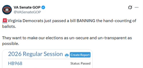 A tweet from the VA Senate GOP highlighting the passage of a bill by Virginia Democrats that bans hand-counting of ballots, expressing concerns about election security and transparency.