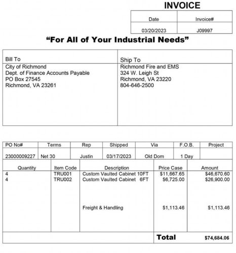 Invoice dated March 20, 2023, addressed to the City of Richmond, detailing a shipment to Richmond Fire and EMS. Includes itemized costs for two custom vaulted cabinets, along with freight and handling fees, totaling $74,684.06.