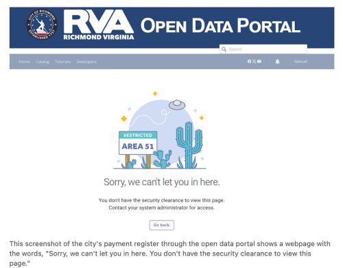 Screenshot of the RVA Open Data Portal displaying a restricted access message stating, 'Sorry, we can't let you in here. You don't have the security clearance to view this page.'