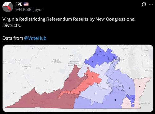 Map showing the results of the Virginia Redistricting Referendum, highlighting new congressional districts in various shades of blue and red.