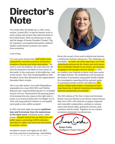 A note from Susan Corke, Intelligence Project Director at SPLC, discussing the challenges faced in protecting democracy and civil rights following the January 6, 2021 insurrection. The text highlights the SPLC's mission, historical context, and ongoing efforts to address extremism and promote equality.