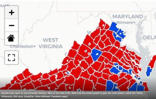 Map showing the results of the April 21 Gerrymander Election in Virginia, with counties colored red for No and blue for Yes. The map highlights voting trends, particularly in the NoVa and Richmond areas.