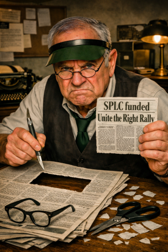 An elderly man wearing glasses and a visor sits at a desk cluttered with newspaper clippings and tools. He holds a newspaper with the headline 'SPLC funded Unite the Right Rally,' looking serious and concerned.