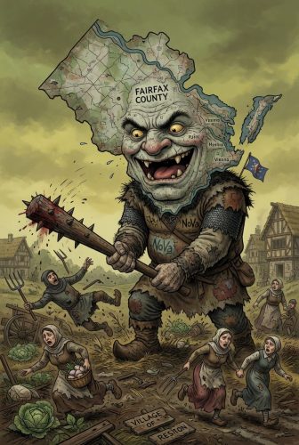 A giant caricature of a creature resembling a troll, made out of a map of Fairfax County, is rampaging through a village. The troll is armed with a large club and appears menacing, while frightened villagers, including women carrying baskets, flee in panic among crops like cabbages.
