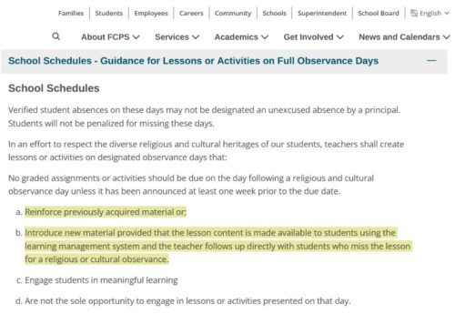 Screenshot of school schedule guidance for lessons on full observance days, highlighting instructions on handling student absences due to religious or cultural observances.